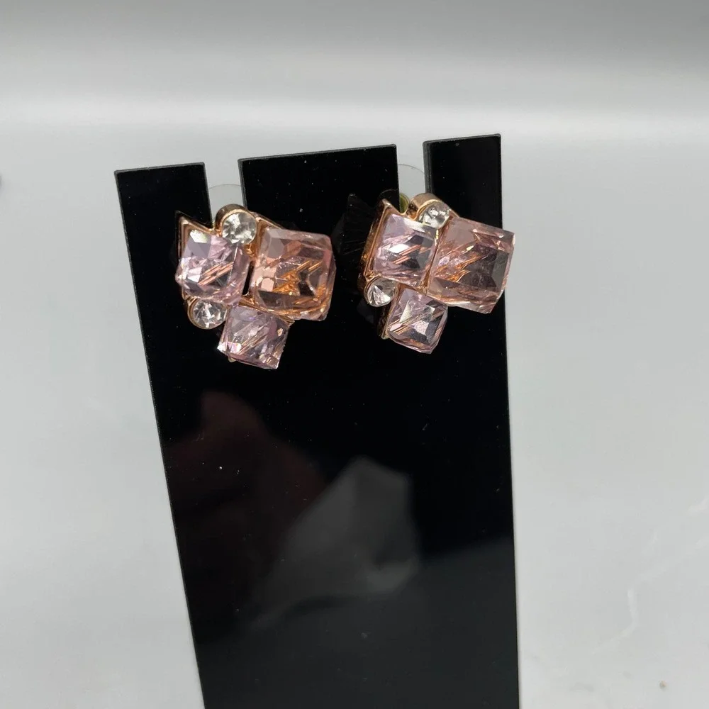 Rose Gold Tone Pink Crystal Cluster Stud Earrings Geometric Rhinestone Accents
